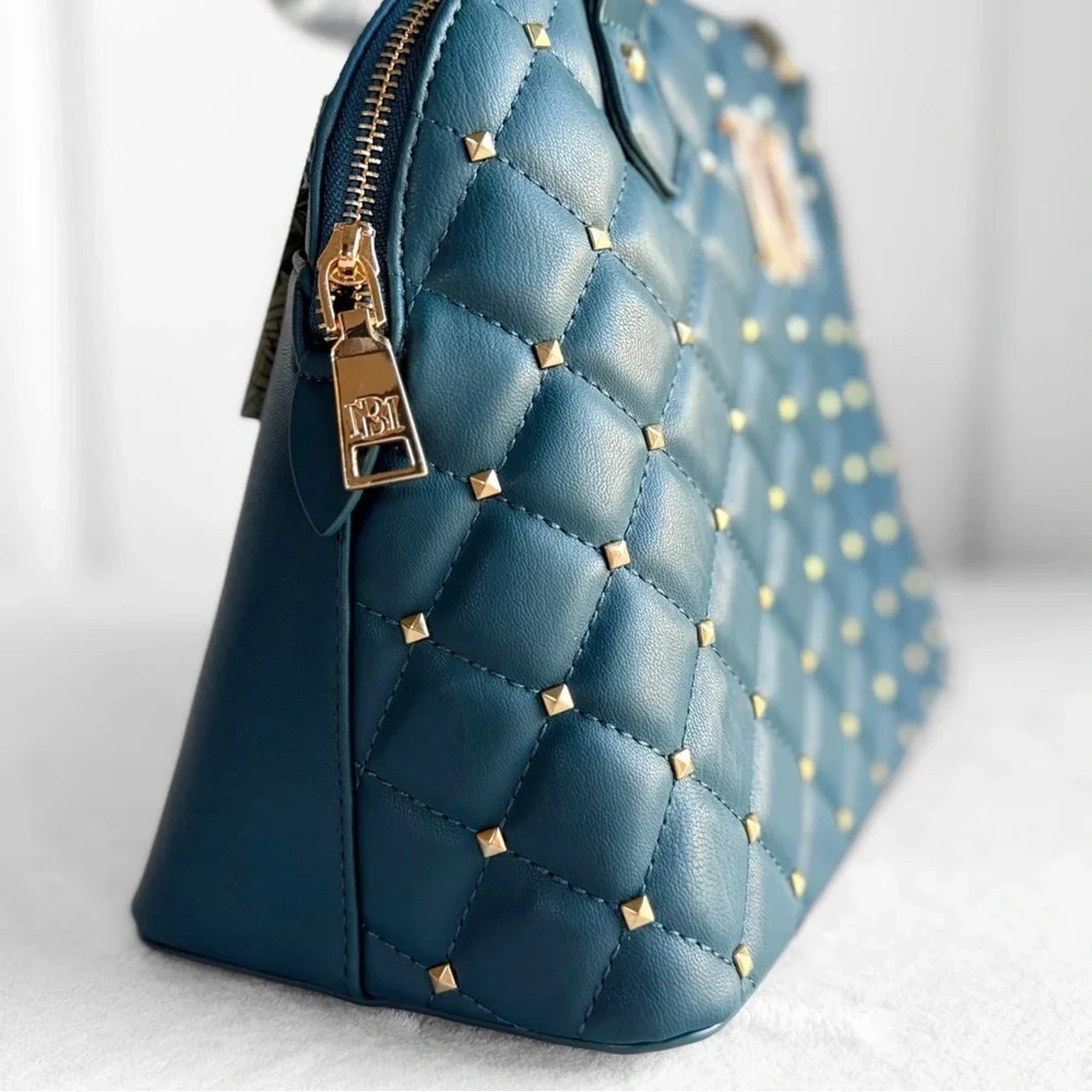 NWT Badgley Mischka Diamond Quilted Dome Satchel – Dark Green Teal Studded - Picture 13 of 14